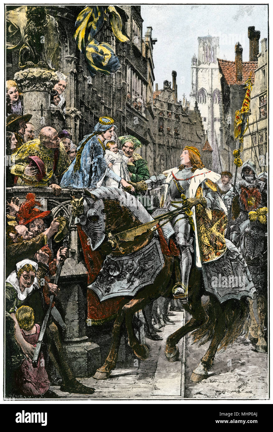Mary of Burgundy welcoming Holy Roman Emperor Maximilian I in Ghent. Hand-colored woodcut Stock Photo
