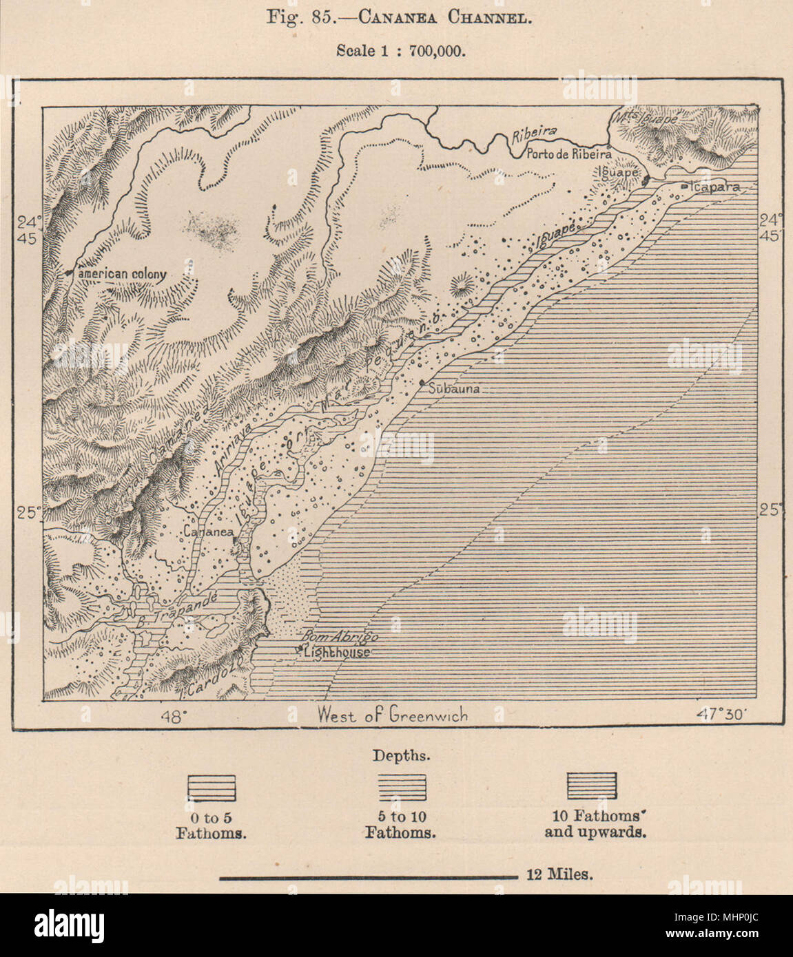 Cananeia Channel.Mar Pequeno.'American colony'.Ilha do Cardoso Brazil 1885 map Stock Photo