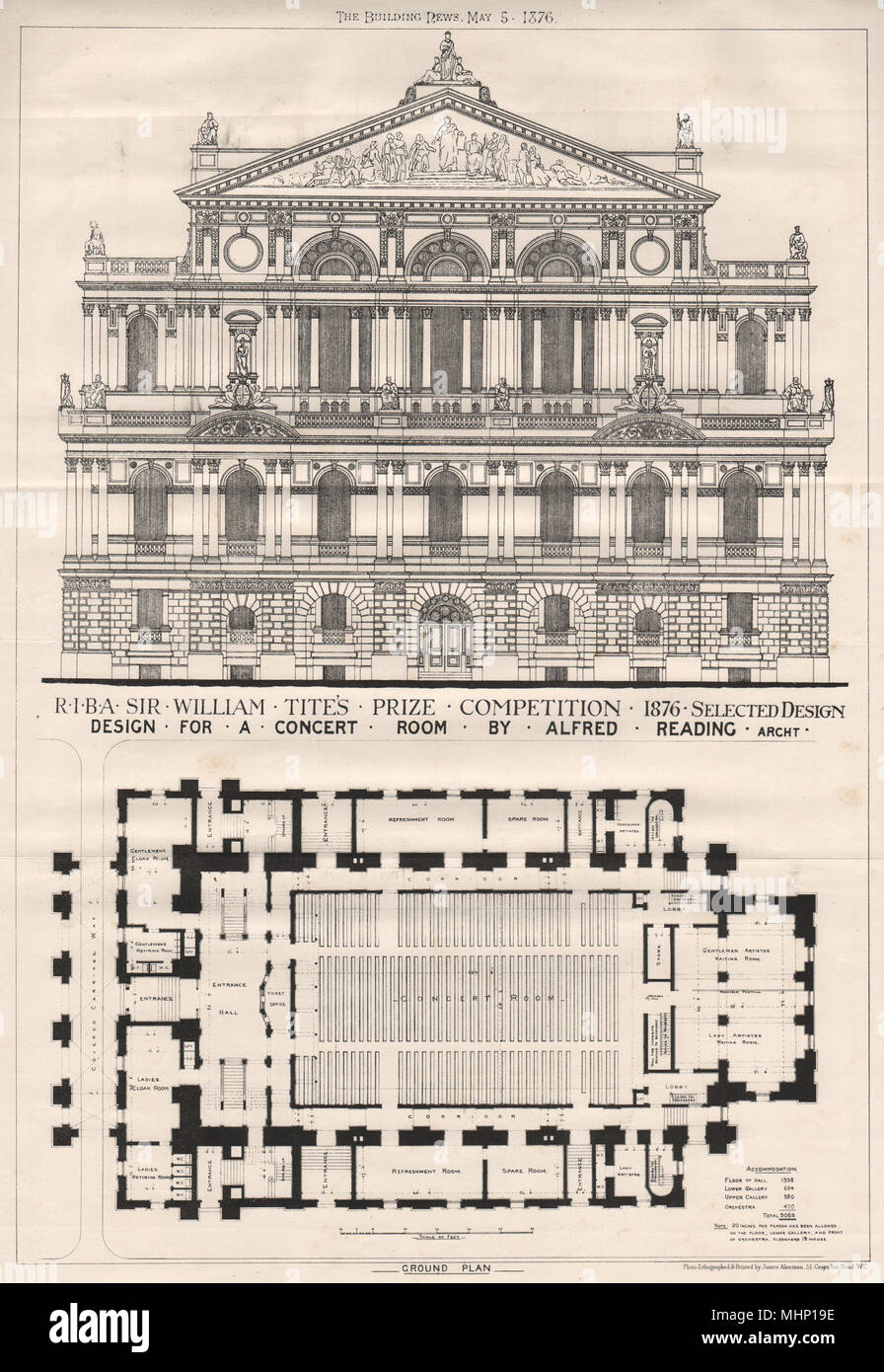Design for a concert room by Alfred Reading, Architect 1876 old antique print Stock Photo