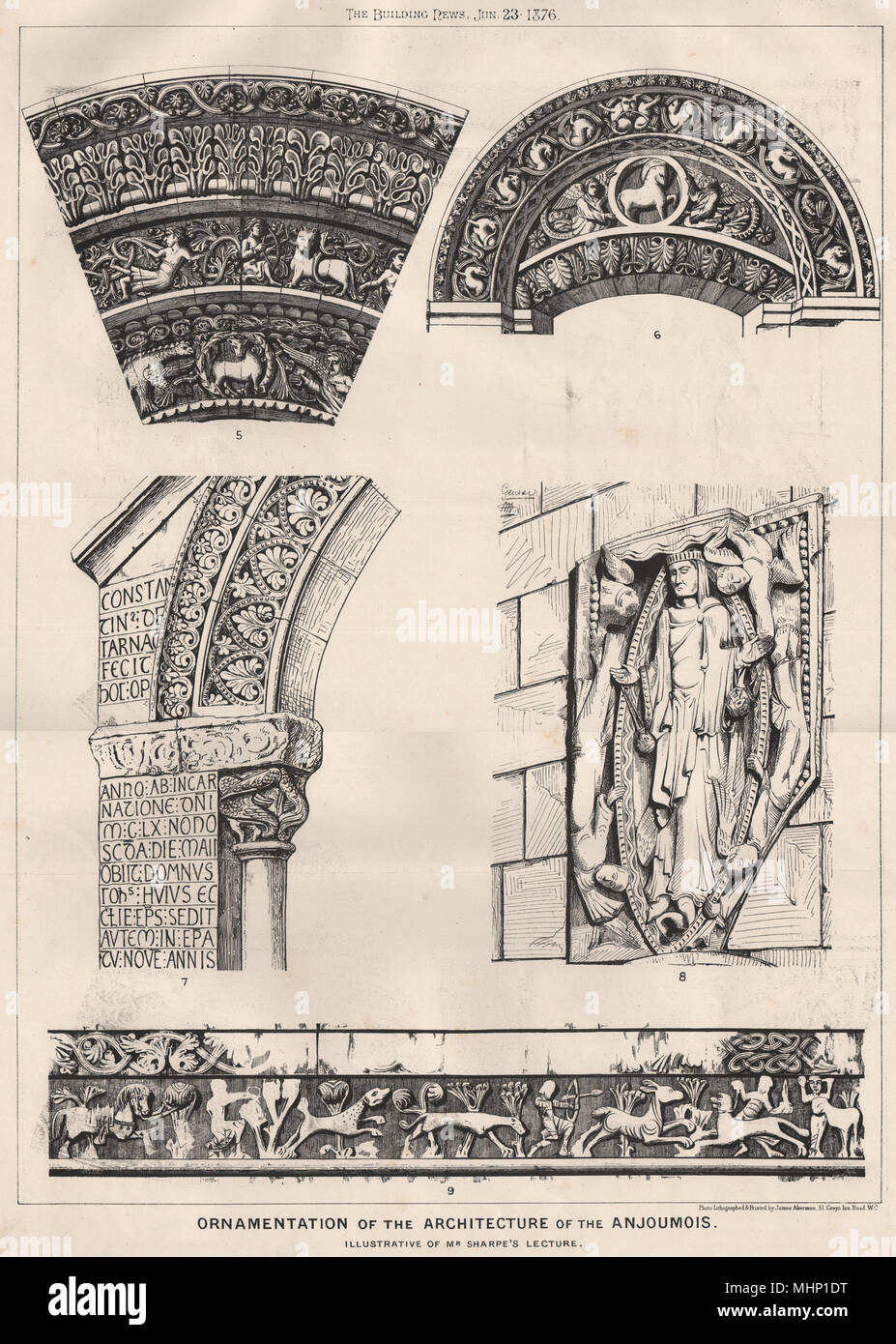 Ornamentation of Anjoumois architecture. Sharpe's lecture. Charente 1876 print Stock Photo