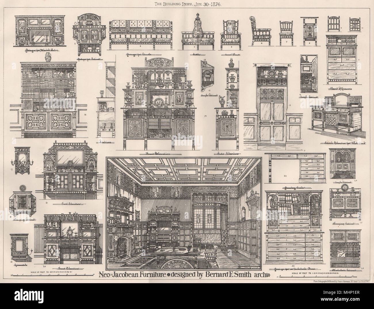 Neo-Jacobean furniture; designed by Bernard E. Smith, Architect. Design 1876 Stock Photo