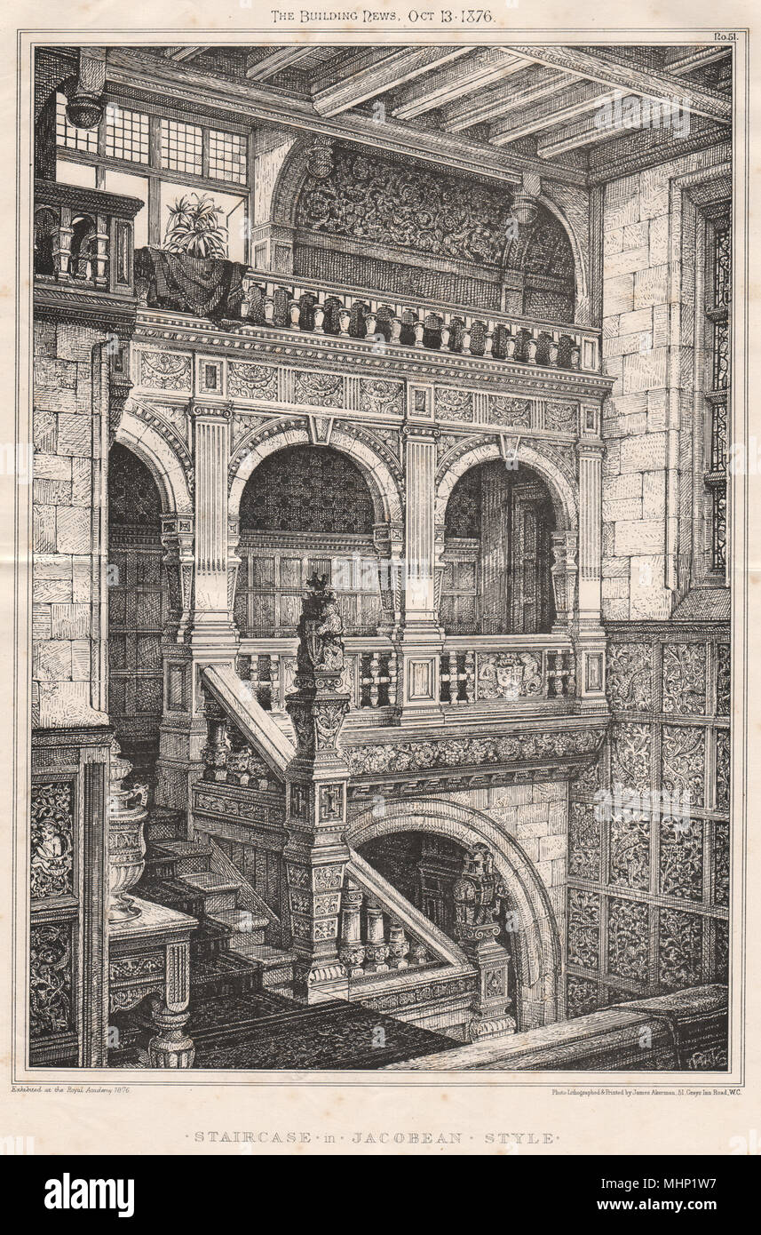 Staircase in Jacobean style . England 1876 old antique vintage print picture Stock Photo