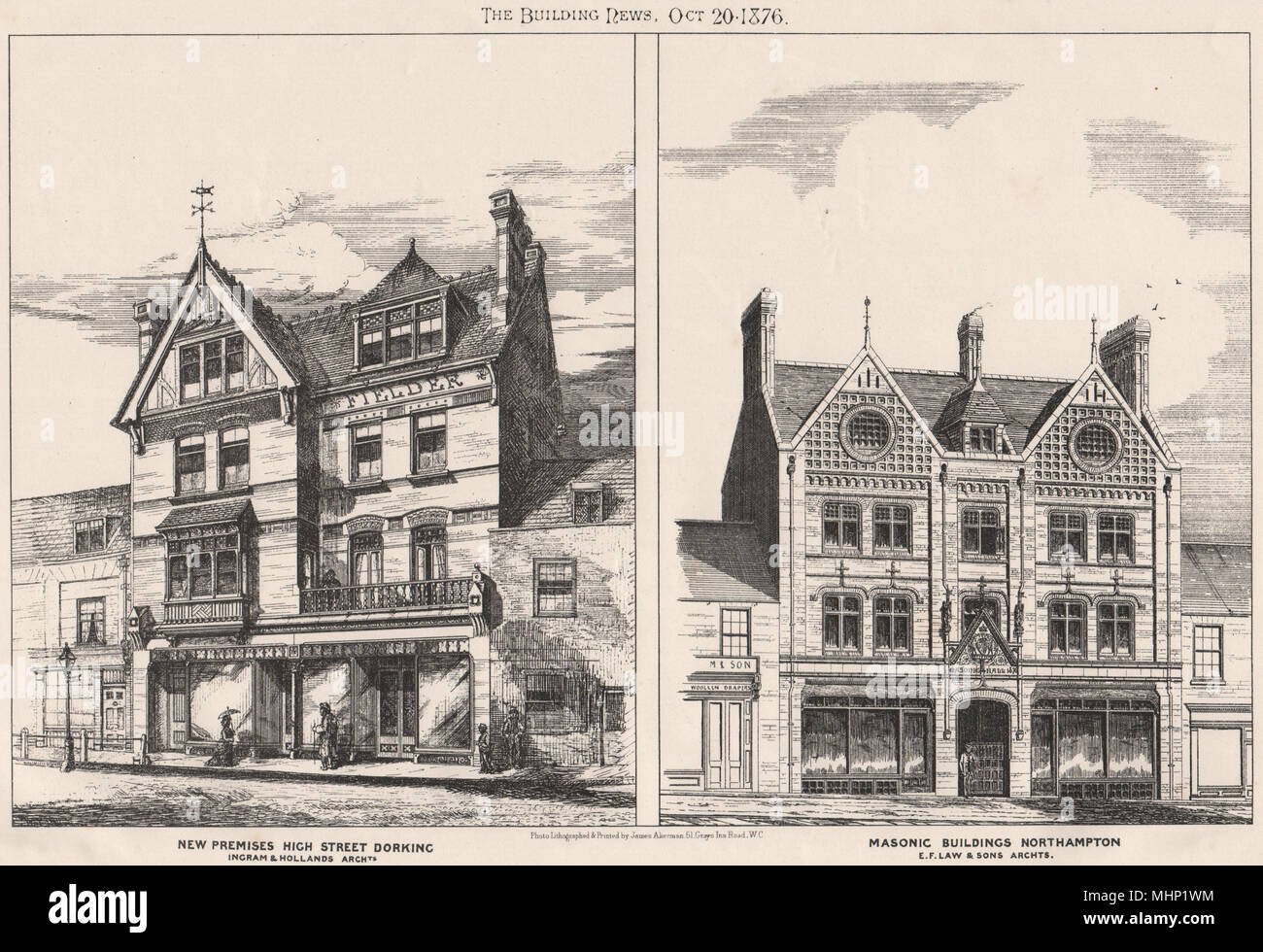New premises, High Street, Dorking; Masonic buildings, Northampton 1876 print Stock Photo