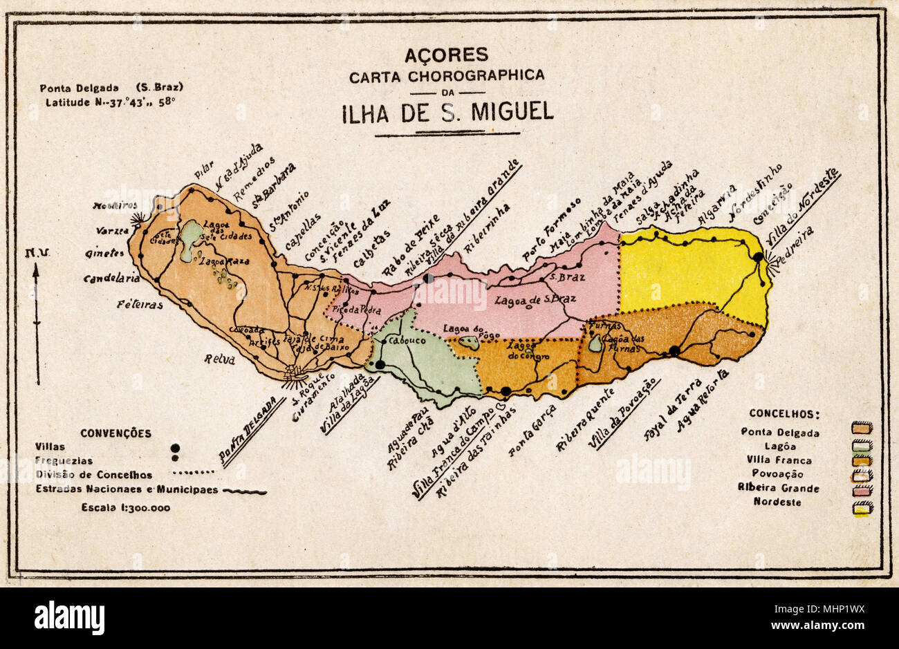 Map of Sao Miguel Island, Azores, Atlantic Ocean.     Date: circa 1920 Stock Photo