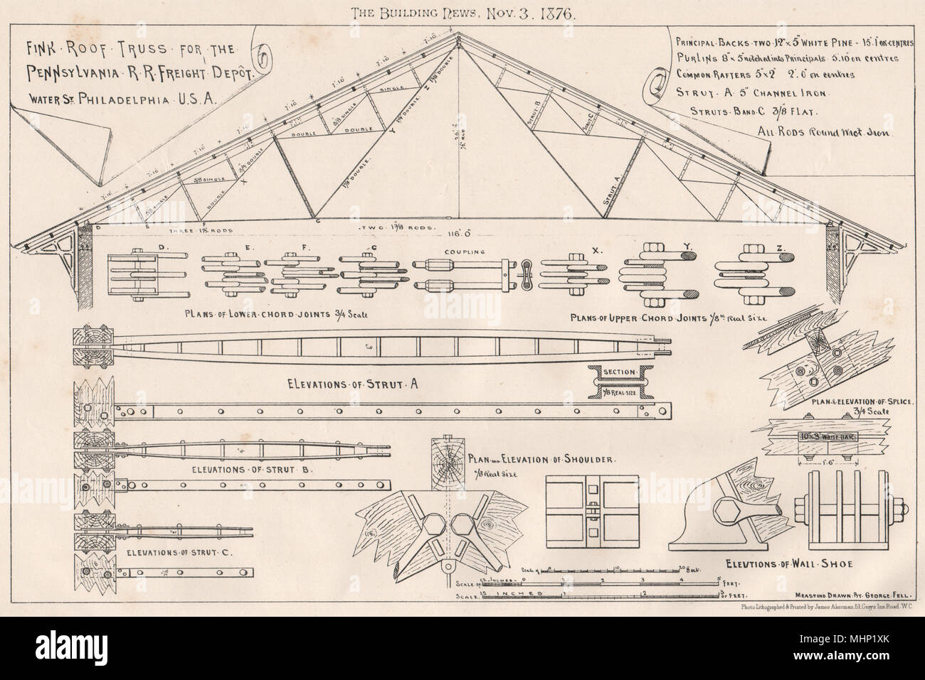 Roof Truss for Pennsylvania R.R. Freight Depot, Water St., Philadelphia 1876 Stock Photo