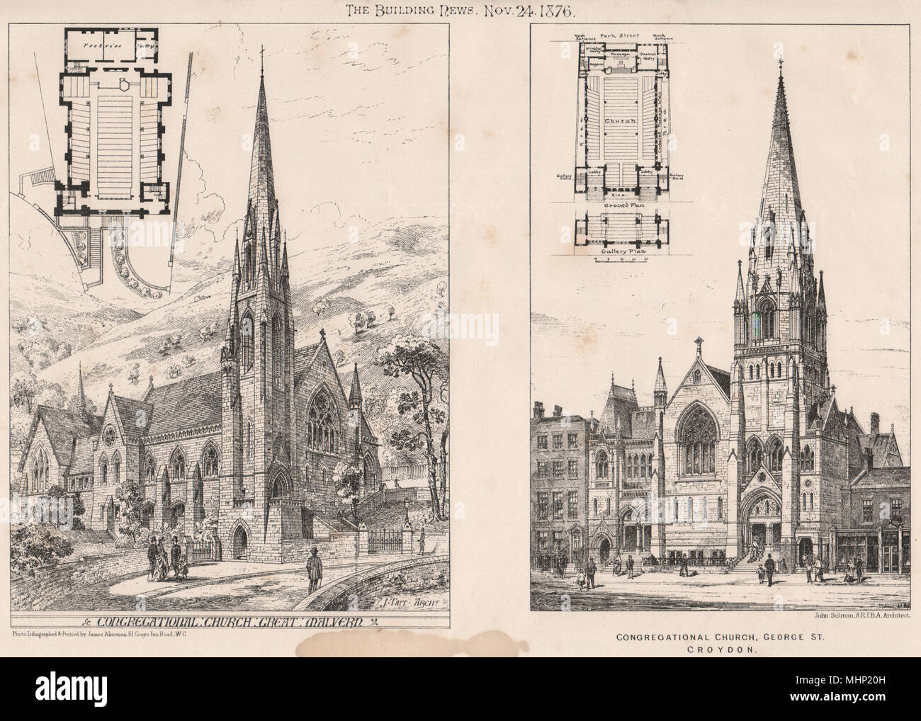 Congregational Churches in Malvern & George St., Croydon 1876 old print Stock Photo