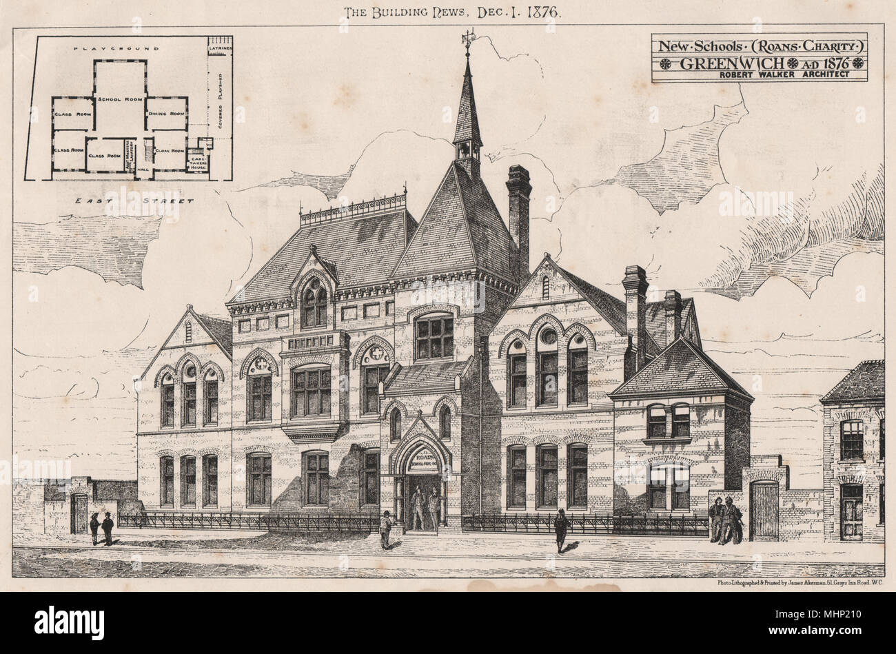 New schools (Roans charity), Greenwich; Robert Walker, Architect 1876 print Stock Photo