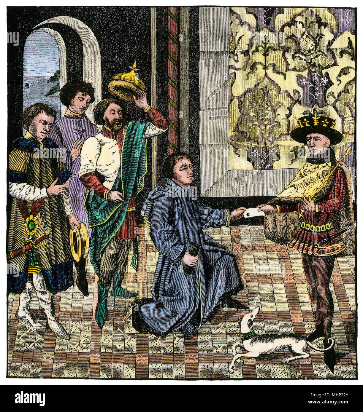 Charlemagne becomes king of the Franks after the death of his father, Pepin III. Hand-colored woodcut Stock Photo