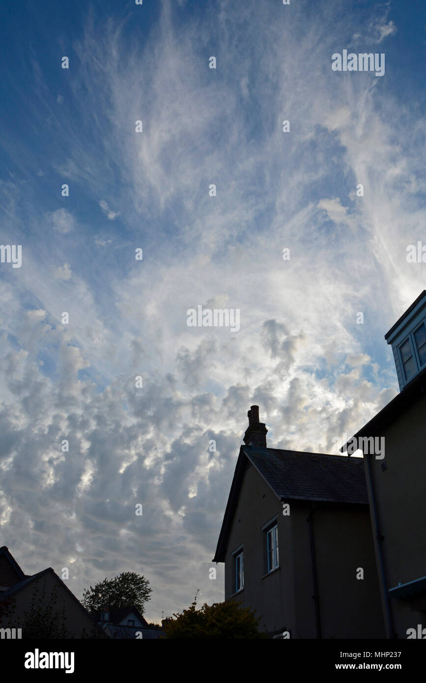 altocumulus and cirrus cloud above Bradninch in Devon Stock Photo