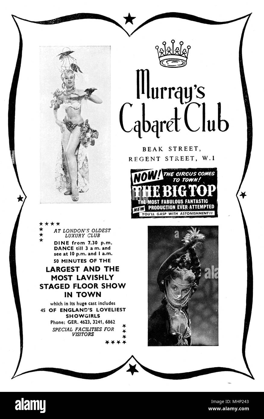Advertisement for Murray's Cabaret Club of Beak Street, London, renowned for its lavish floor shows with '45 of England's loveliest showgirls' in skimpy costumes.       Date: 1940s Stock Photo