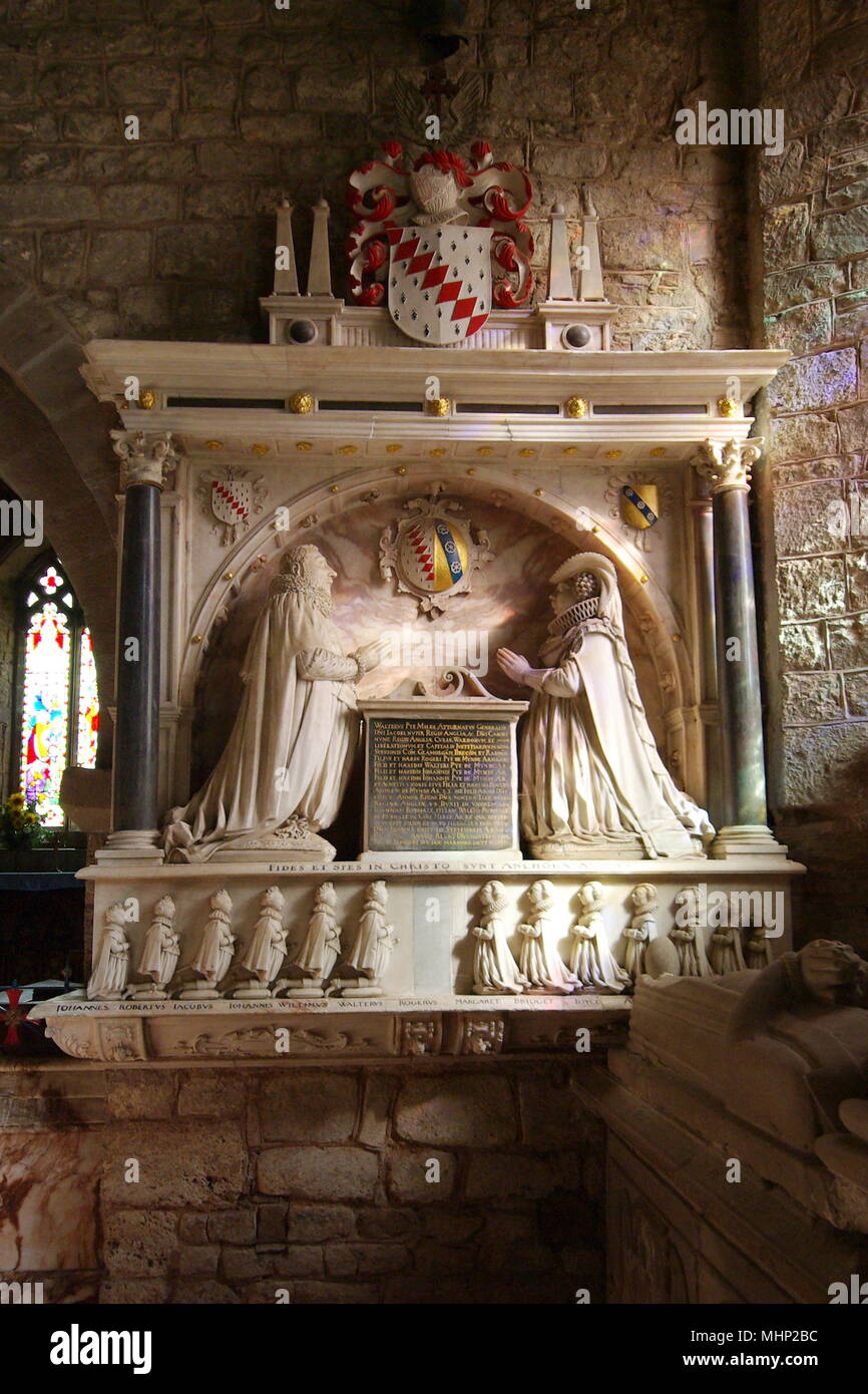 Alabaster tomb monument to Sir Walter Pye (1571-1635) in St David's Church in the village of Much Dewchurch, Herefordshire, a Grade I listed Norman church dating back to the 12th century. Pye was a lawyer, courtier, administrator and politician. His wife was Joan, nee Rudshall. Stock Photo