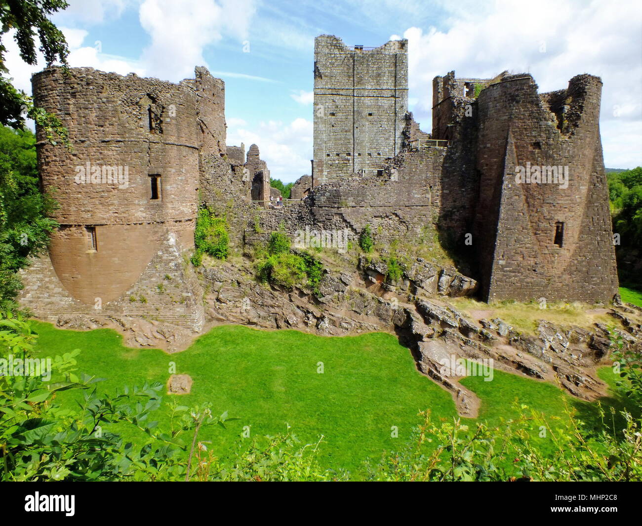 View of Goodrich Castle, near Ross on Wye, Herefordshire. The building was begun in the late 11th century by the thegn (thane) Godric, with later additions. It stands on a hill near the River Wye and is open to the public.     Date: circa 2010s Stock Photo
