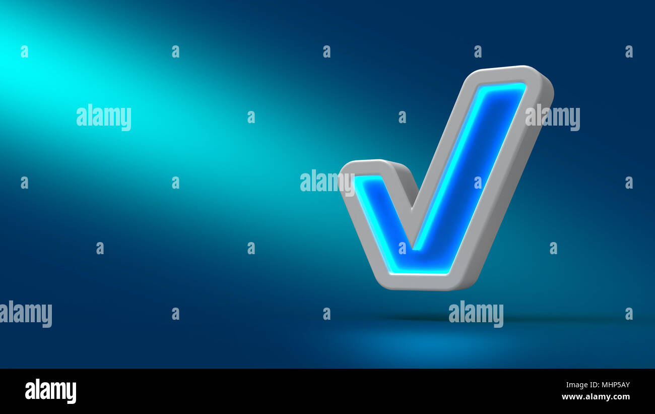 3D Illuminated check symbol on cyan background. Set for design presentations. Stock Photo