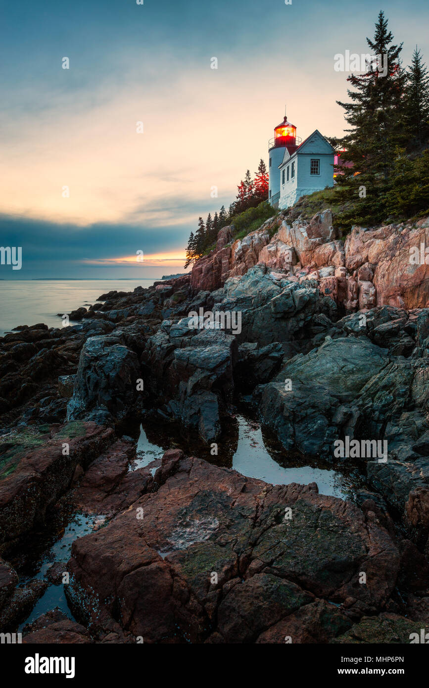 Bass Harbor Head Lighthouse in Acadia National Park at Sunset Stock Photo