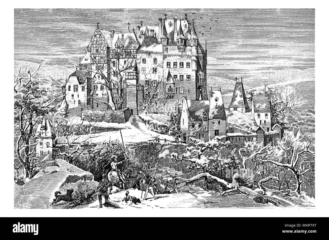 Germany - Winter view of gothic Eltz castle nestled above the Moselle river built in the XII century, vintage engraving Stock Photo