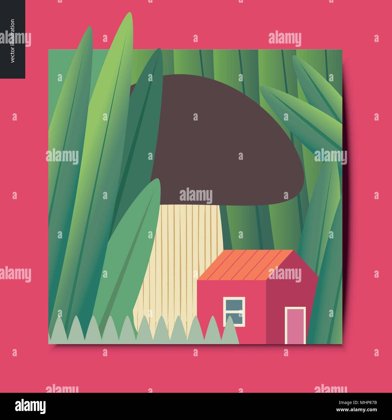 Simple things - concept illustration of a tiny red house under the mushroom growing among huge grass trunks, summer postcard, vector illustration Stock Vector