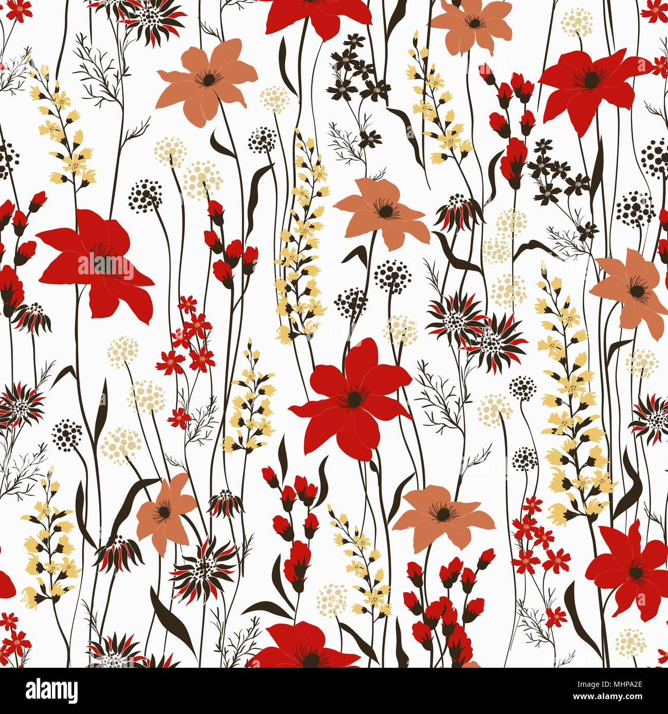 Seamless vector texture. Retro wild flower pattern in the many kind of florals. Botanical Motifs scattered random. For fashion prints. Printing with in hand drawn style on white background. Stock Vector