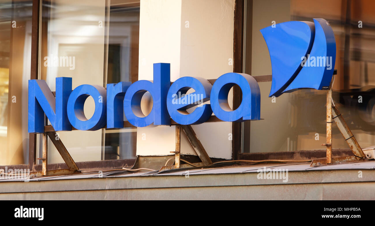 Stockholm, Sweden - August 2, 2013: Closeup of the Nordea bank office sign above the entrance at the office in downtown Stockholm. Stock Photo