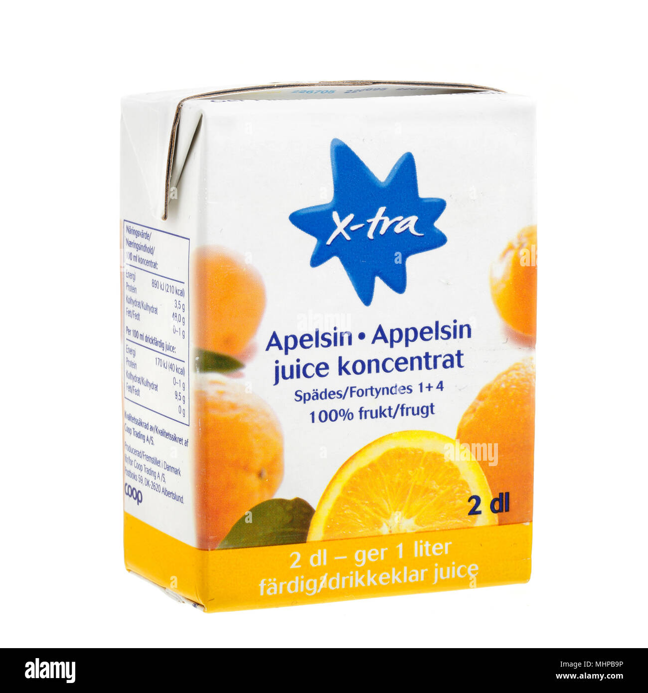 Stockholm, Sweden - August 17, 2013: Concentrated orange juice with volume  2 dl packaging with brand Coop X-tra isolated on white background Stock  Photo - Alamy