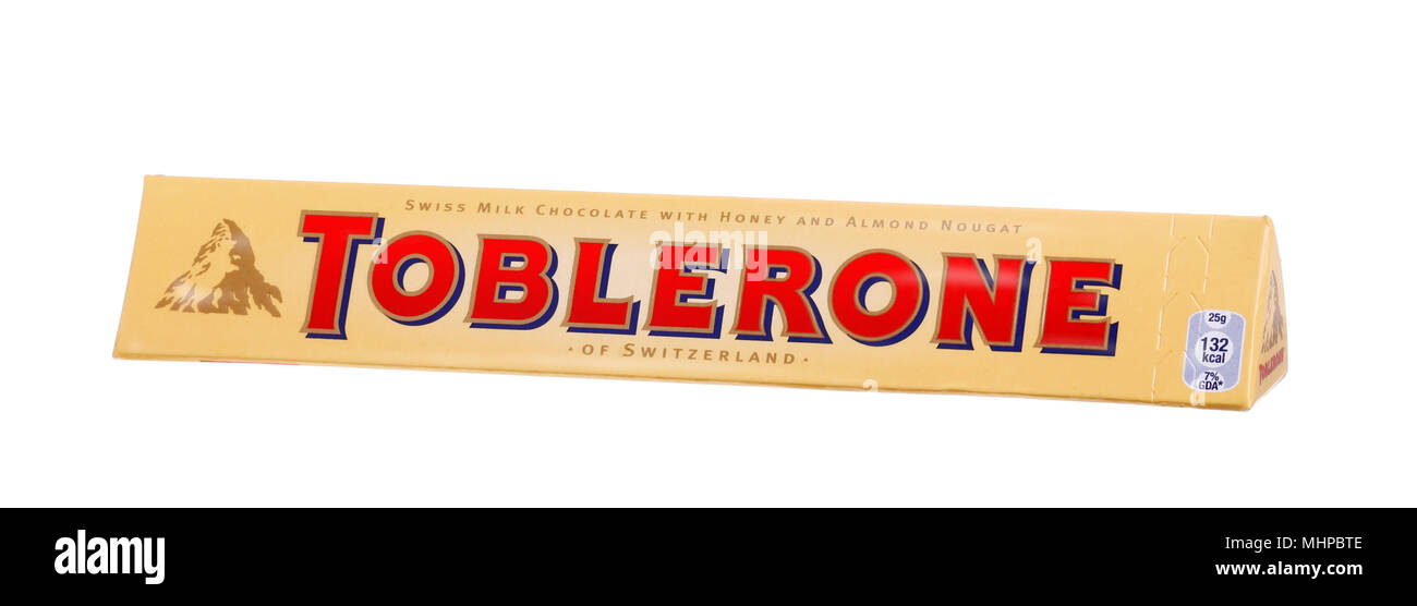 Stockholm, Sweden - February 1, 2014: One package of Toblerone milk chocolate isolated on white. Stock Photo