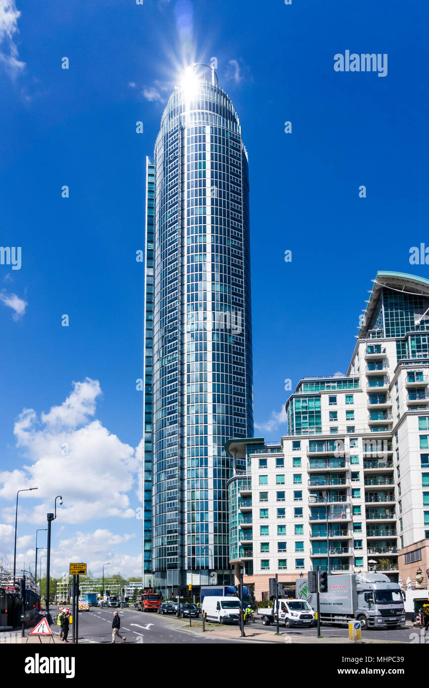 Sunlight glinting on the top of St George Wharf Tower at Vauxhall in South London. Stock Photo