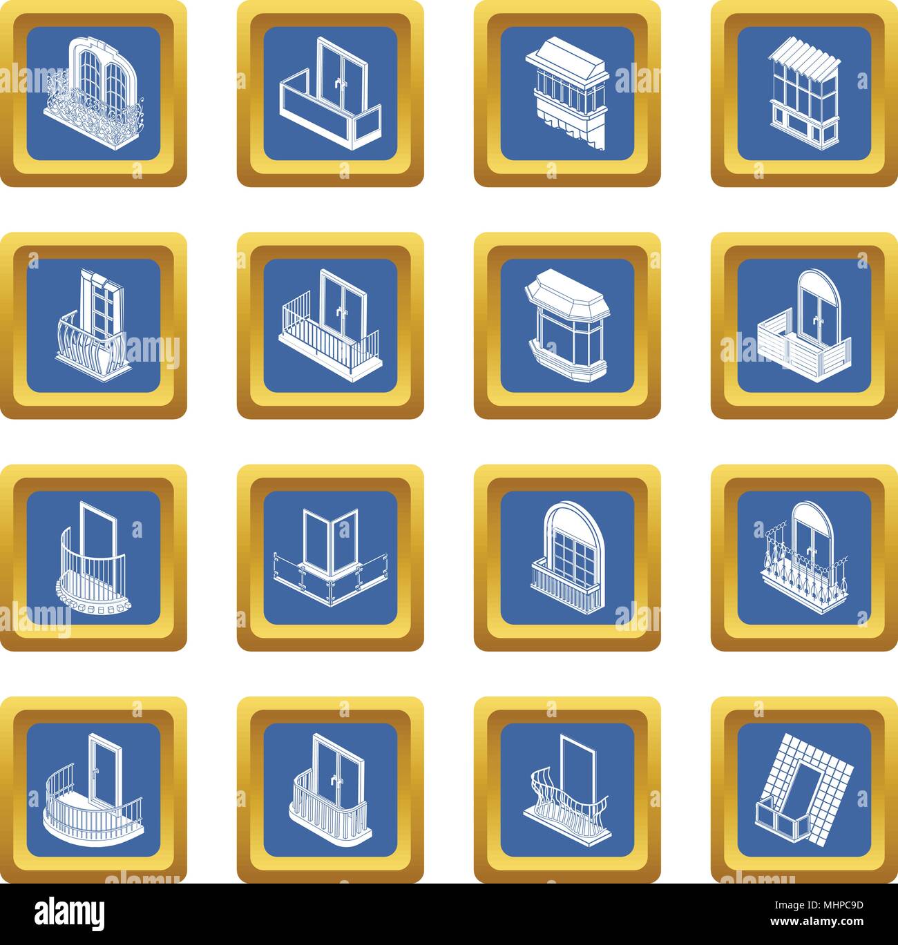 Balcony window forms icons set blue square vector Stock Vector