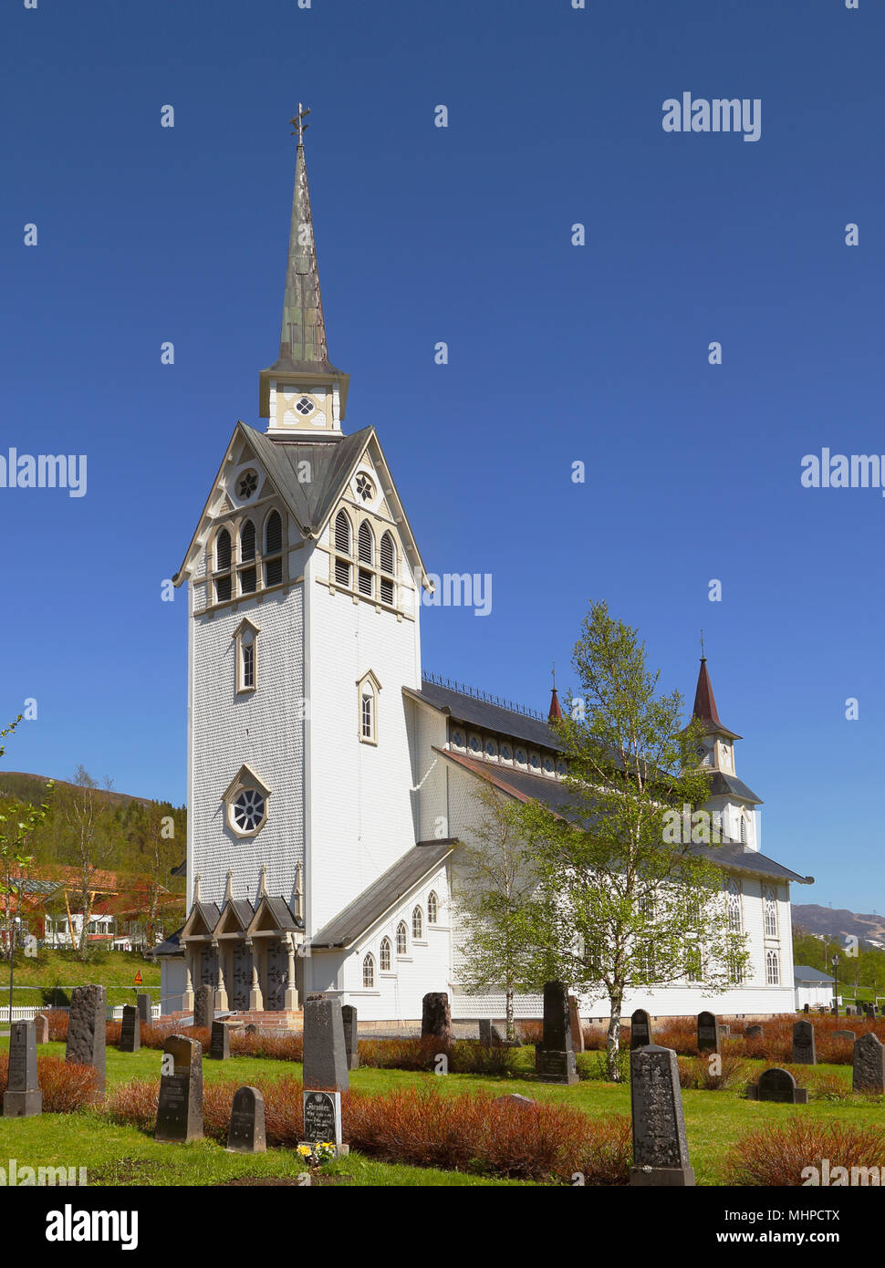 Duved,Sweden - May 27, 2014: Duved's church in neo-Gothic style belongs to the religious community of the Swedish Church. Stock Photo