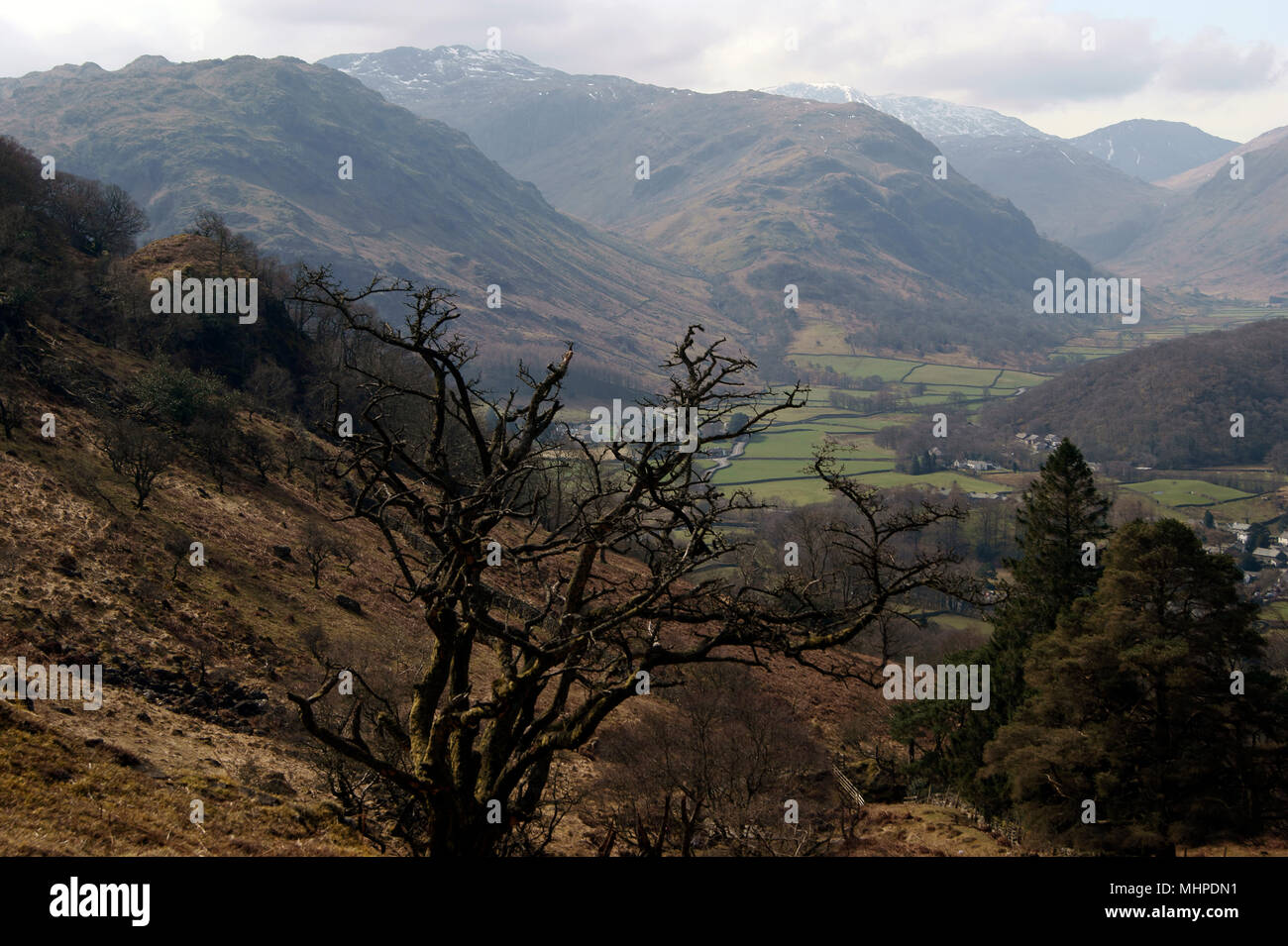From a high viewpoint looking across the Borrowdale valley towards the distant high Fells Stock Photo