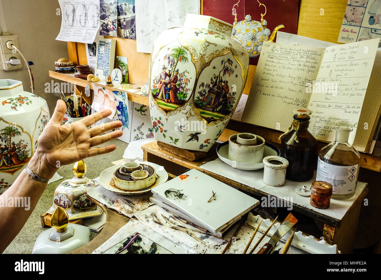 Meissen porcelain factory, Saxony, Meissen Germany Vase and workspace, work environment of art