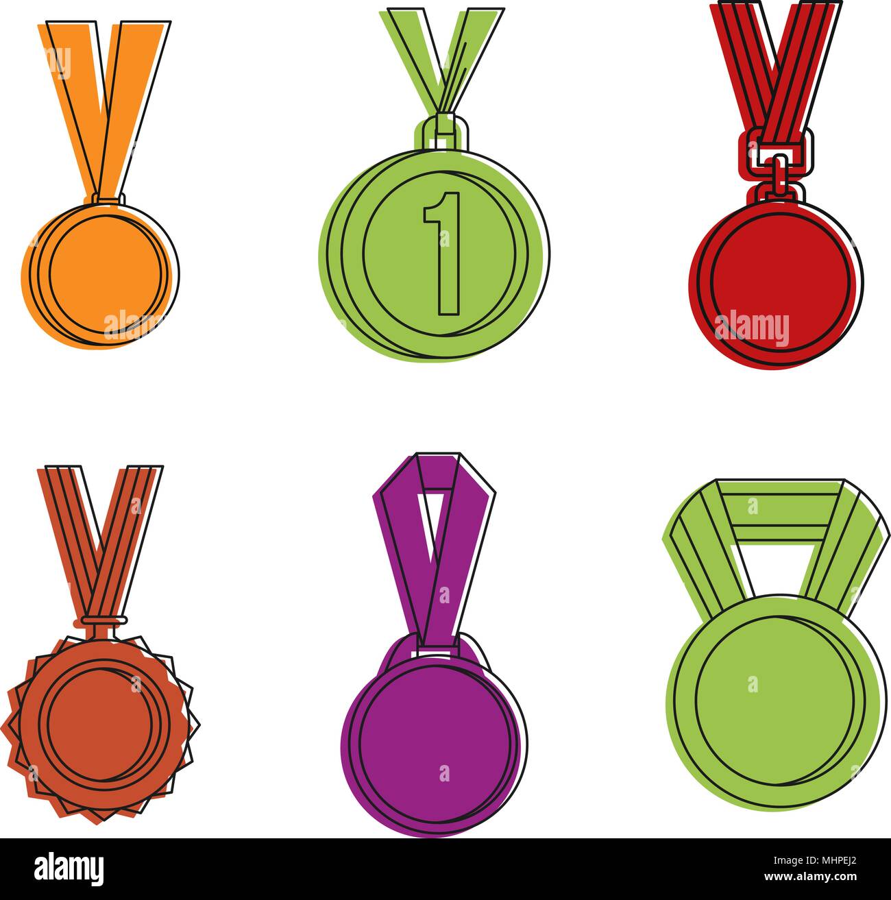 Gold medal icon set, color outline style Stock Vector