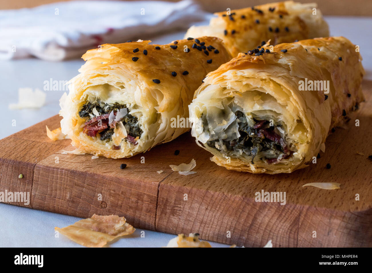 Turkish Borek with Spinach and Pastrami or Pastirma. Traditional Food. Stock Photo
