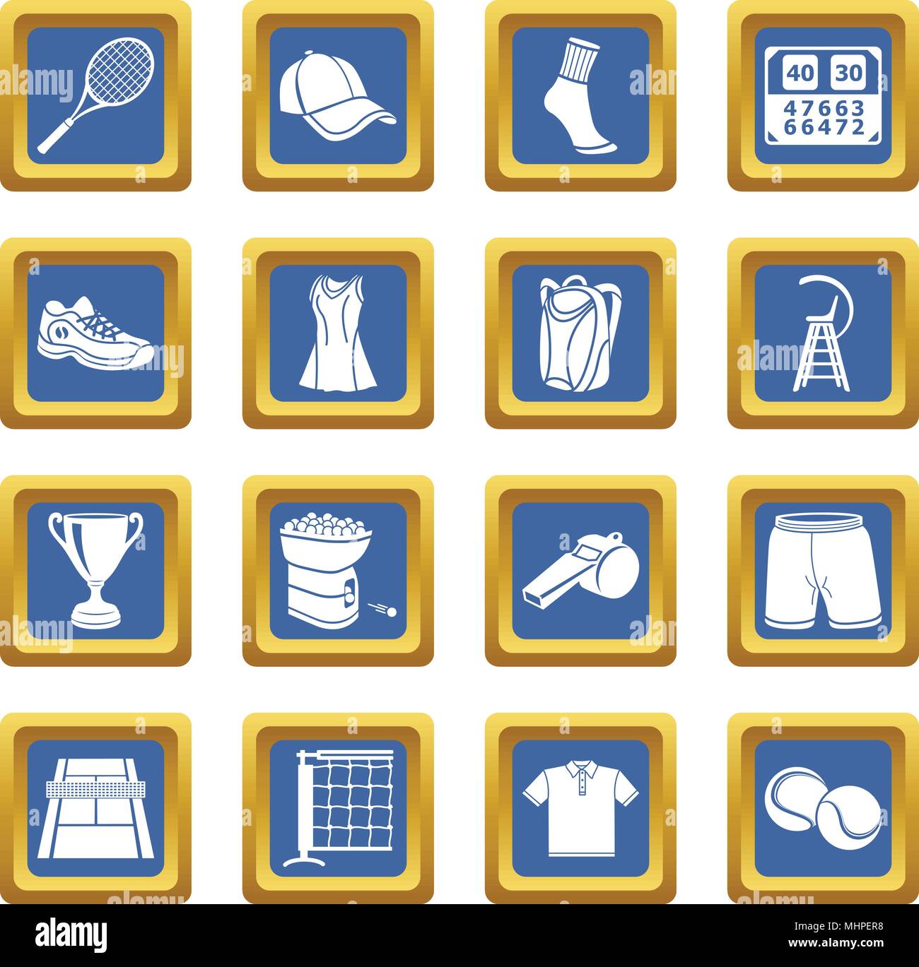 Tennis icons set blue square vector Stock Vector