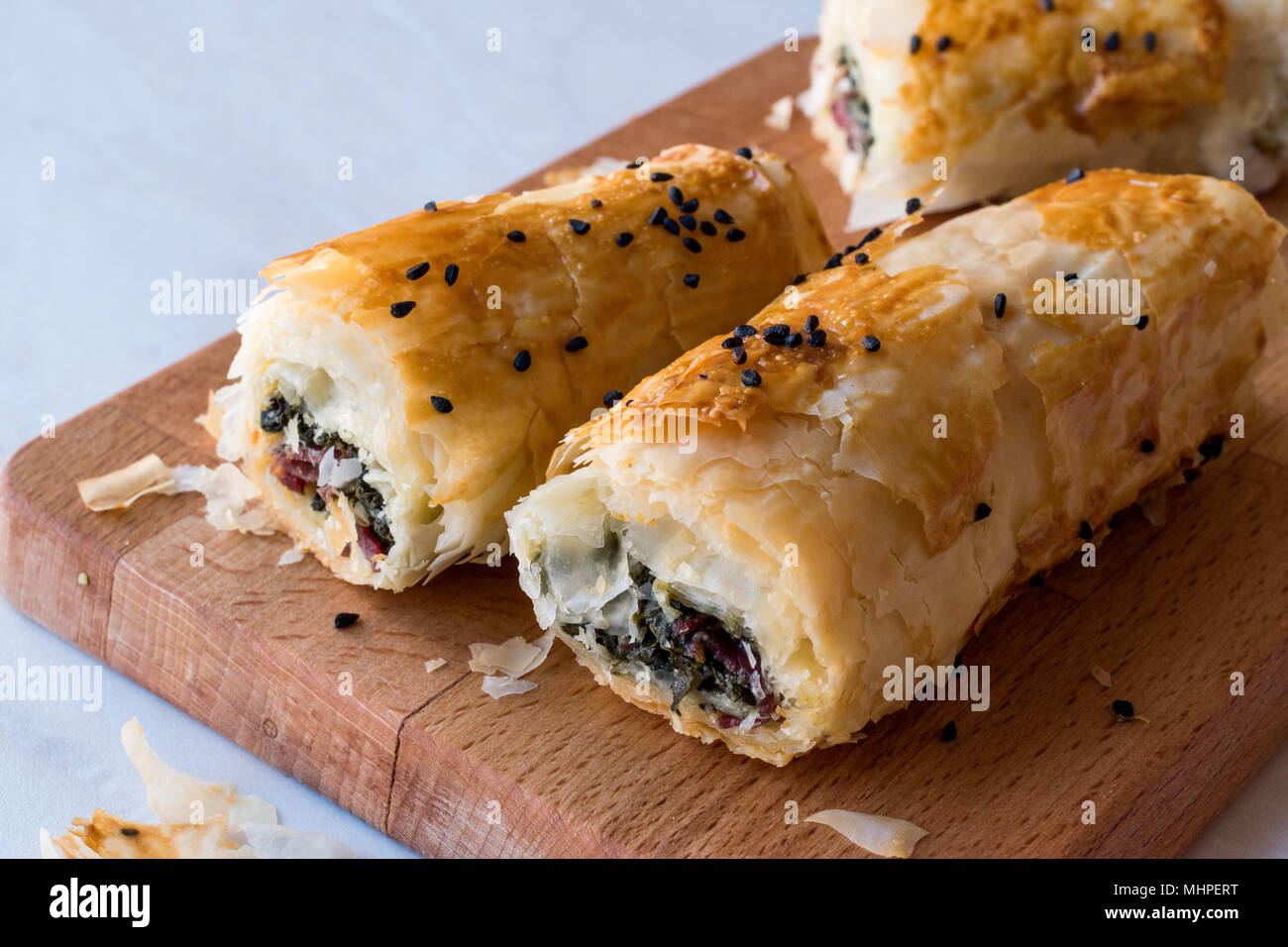 Turkish Borek with Spinach and Pastrami or Pastirma. Traditional Food. Stock Photo