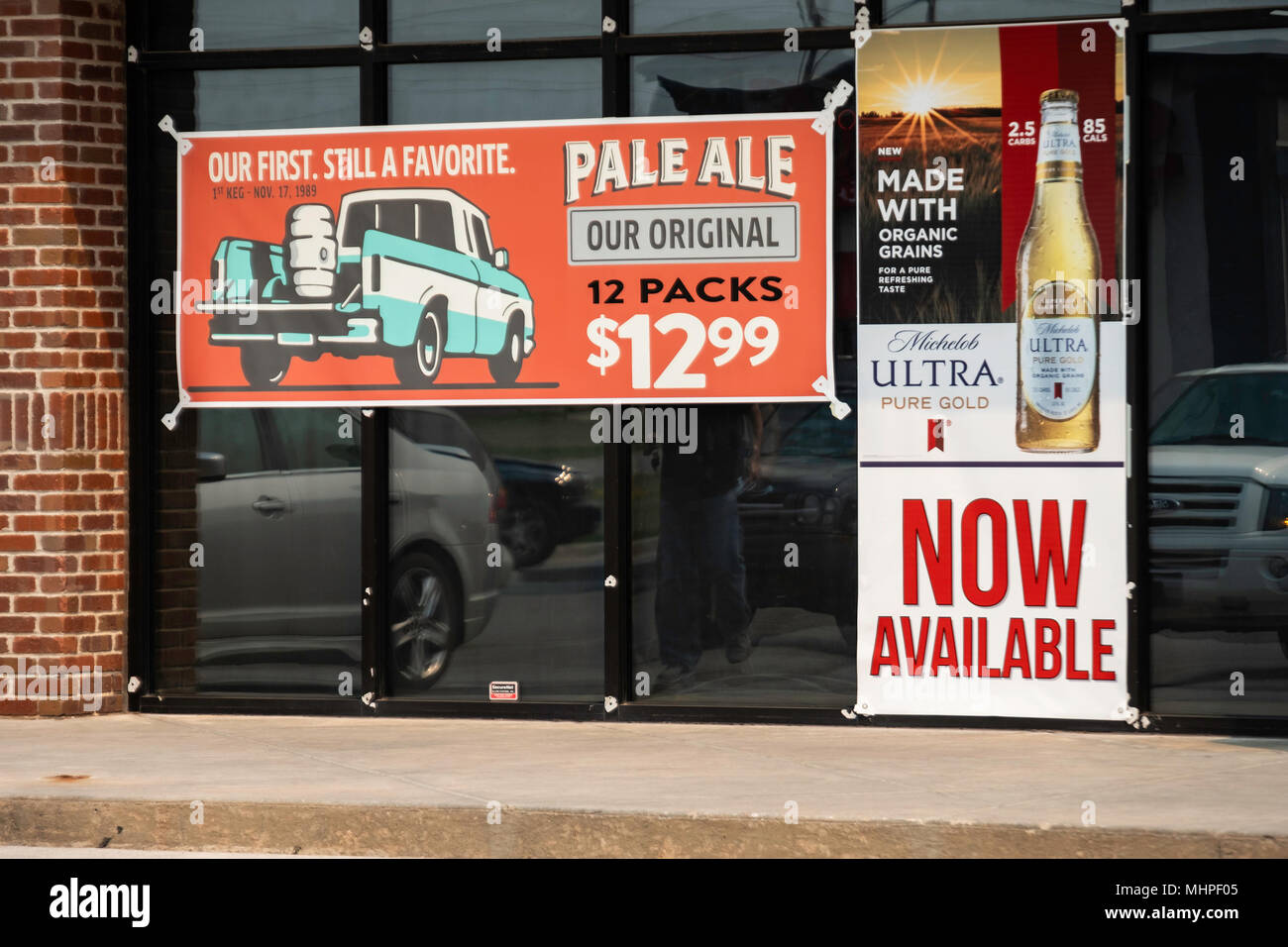 Banners or posters advertising beer and pale ale on the exterior