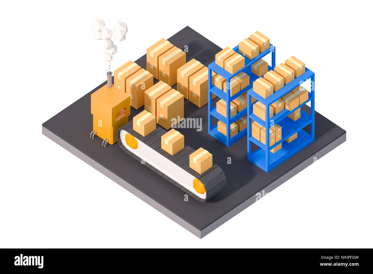 warehouse storage product logistic operation isometric lowpoly art factory work production line isolated on white 3d render. Stock Photo