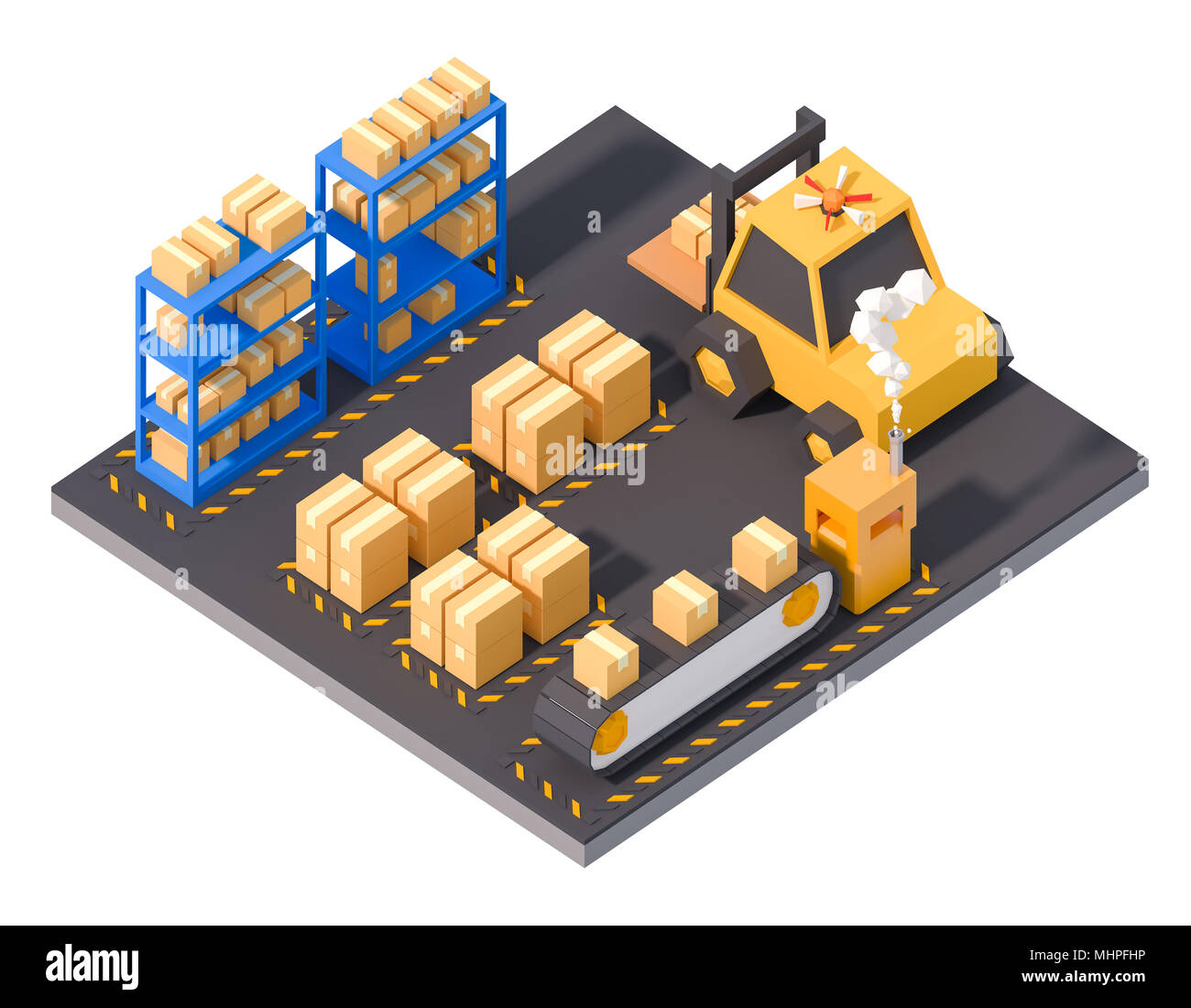 warehouse storage product logistic operation isometric lowpoly art factory work production line isolated on white 3d render. Stock Photo