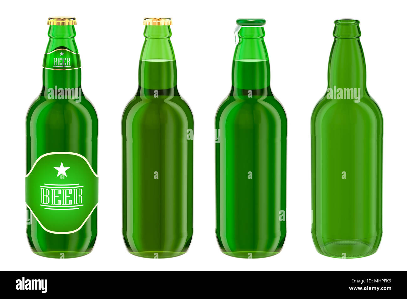 Beer bottles with label, full and empty. 3D rendering isolated on white