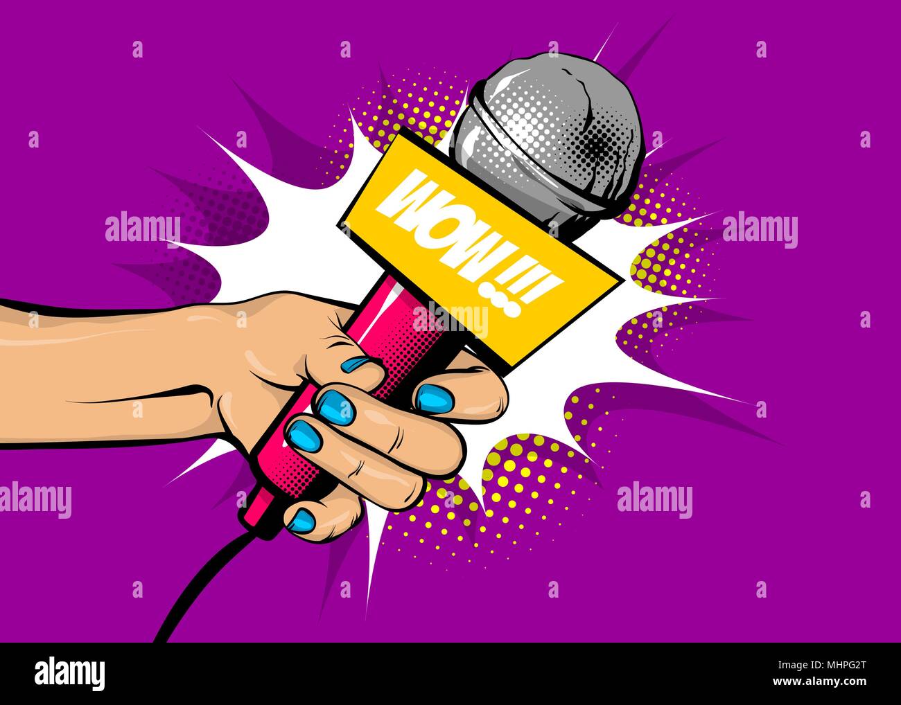 Woman pop art hand hold microphone wow Stock Vector Image & Art - Alamy
