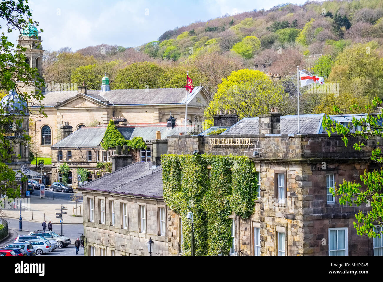 The Old Hall Hotel and St John's church in the centre of the spa town of Buxton, Derbyshire, UK Stock Photo