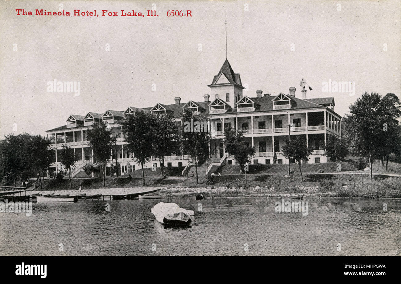 Mineola Hotel, Fox Lake, Illinois, USA, viewed from across the water