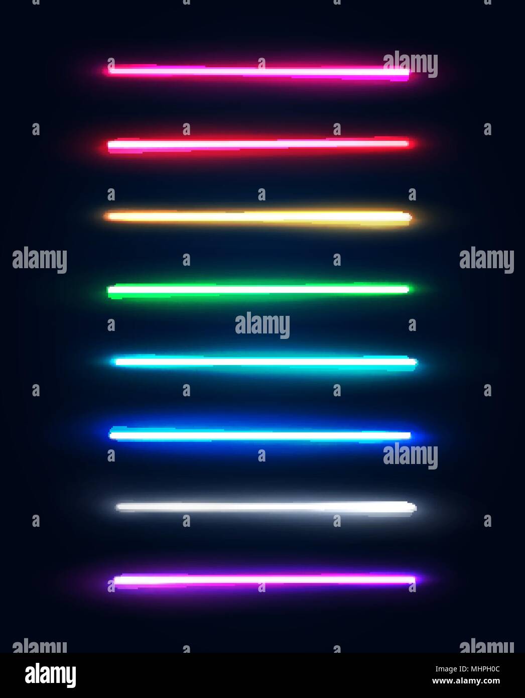 Neon light tubes set. Colorful glowing lines or borders collection isolated  on dark blue background. Halogen or led light lamps elements pack for night  party or game design. Color vector illustration Stock