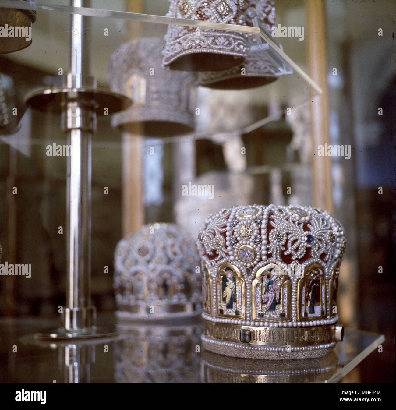 Ecclesiastical mitres, Kremlin Armoury Museum, Moscow Stock Photo