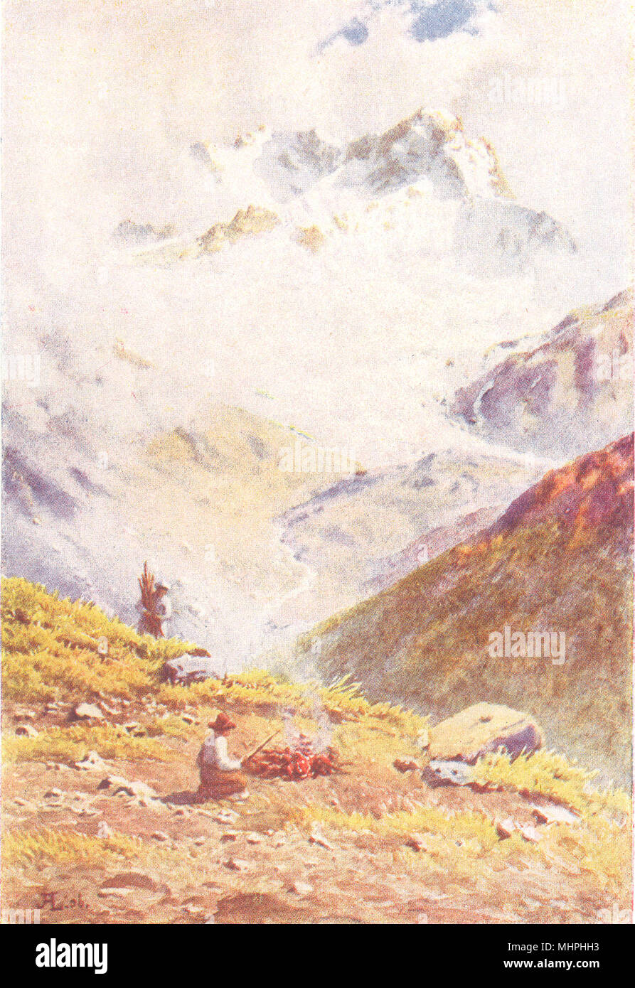 SWITZERLAND. Alpine Herdsman-The Piz Kesch in the distance 1917 old print Stock Photo