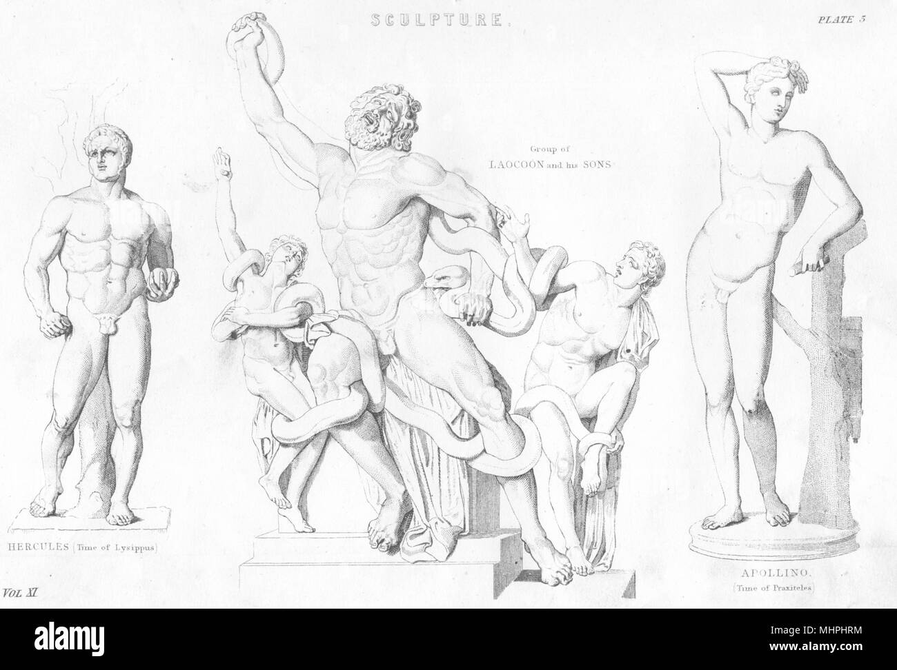 SCULPTURE. Hercules (Time Lysippus) ; Laocoon Sons; Apollino (Praxiteles)  1880 Stock Photo