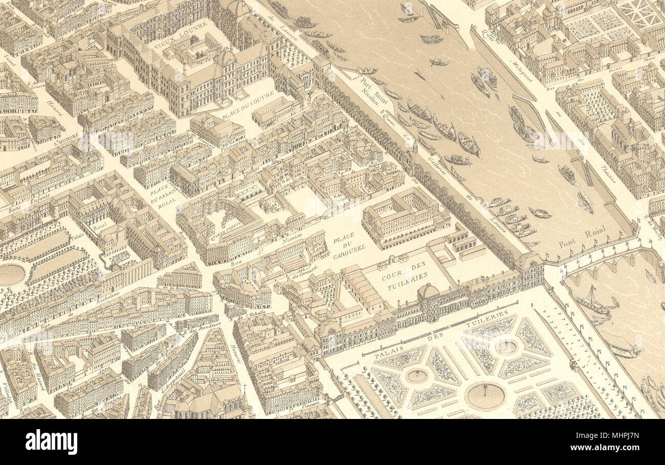 PARIS IN 1730. Louvre Tuileries Palais Royal. Aerial perspective 1876 print Stock Photo
