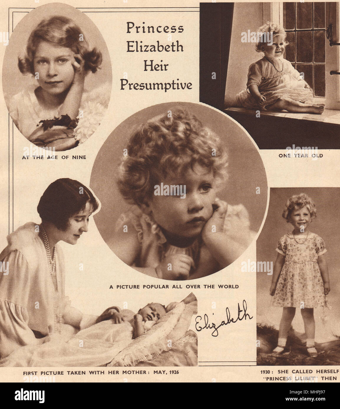 QUEEN ELIZABETH II. Princess Elizabeth Heir Presumptive as a child 1937 print Stock Photo