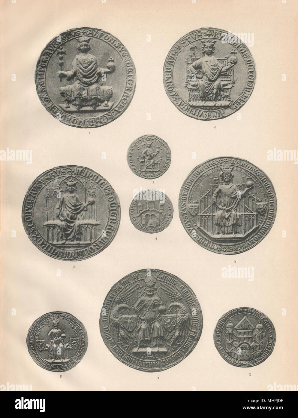 13-14C HOLY ROMAN EMPEROR SEALS. Alfonso Rudolf Heinrich VII Carolus IV 1907 Stock Photo