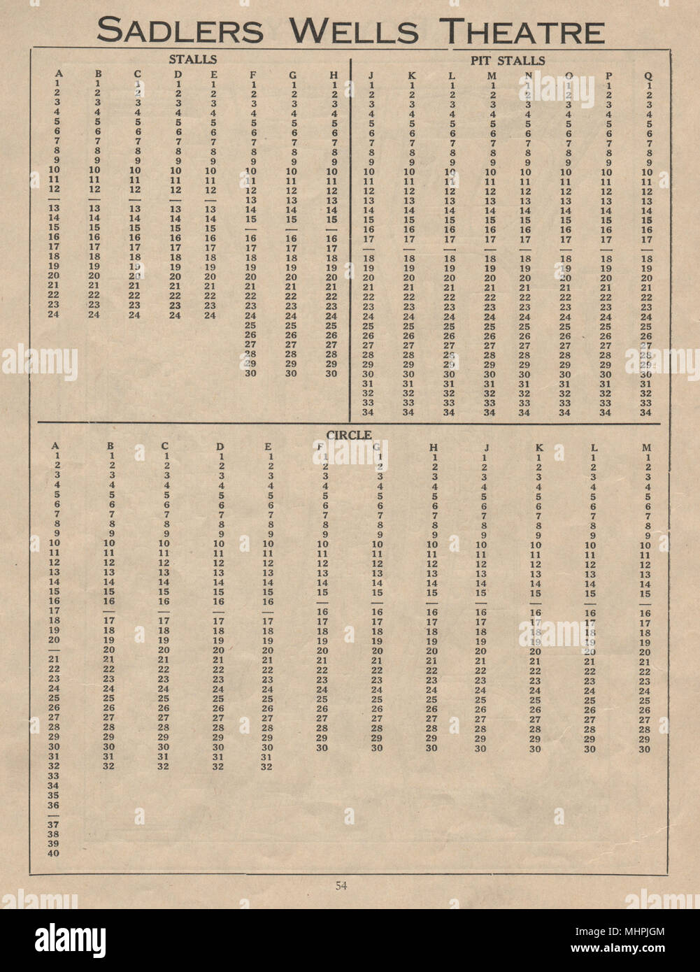 SADLERS WELLS THEATRE. Vintage seating plan. London West End 1936 old