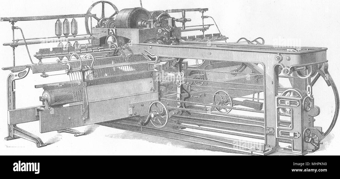 TEXTILES. Cotton Spinning; Platt's self- acting mule 1880 old antique print Stock Photo