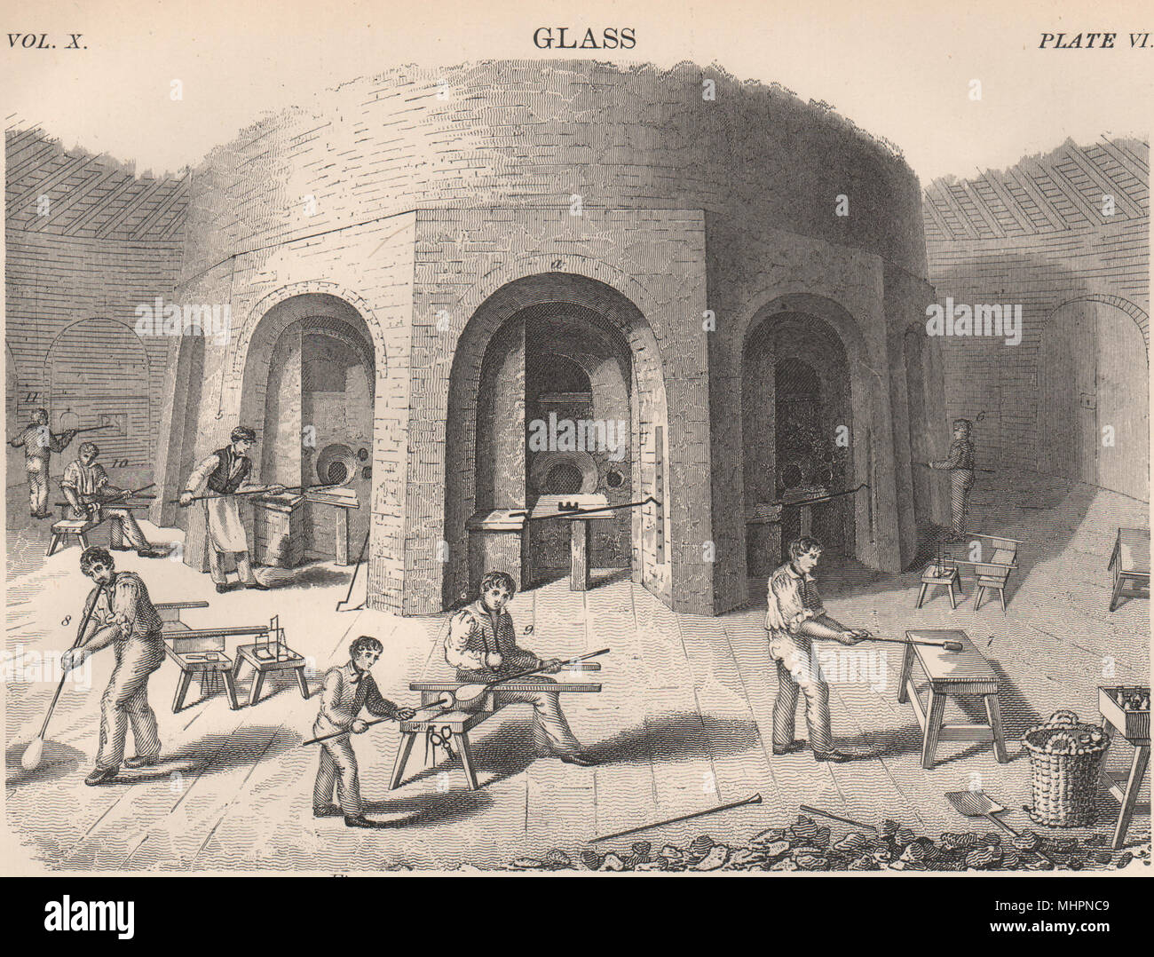 GLASS MANUFACTURING. 1. Flint-Glass Manufactory 1898 old antique print picture Stock Photo